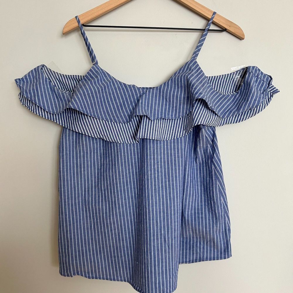 A New Day Blue White Striped Off the Shoulder Ruffle Top